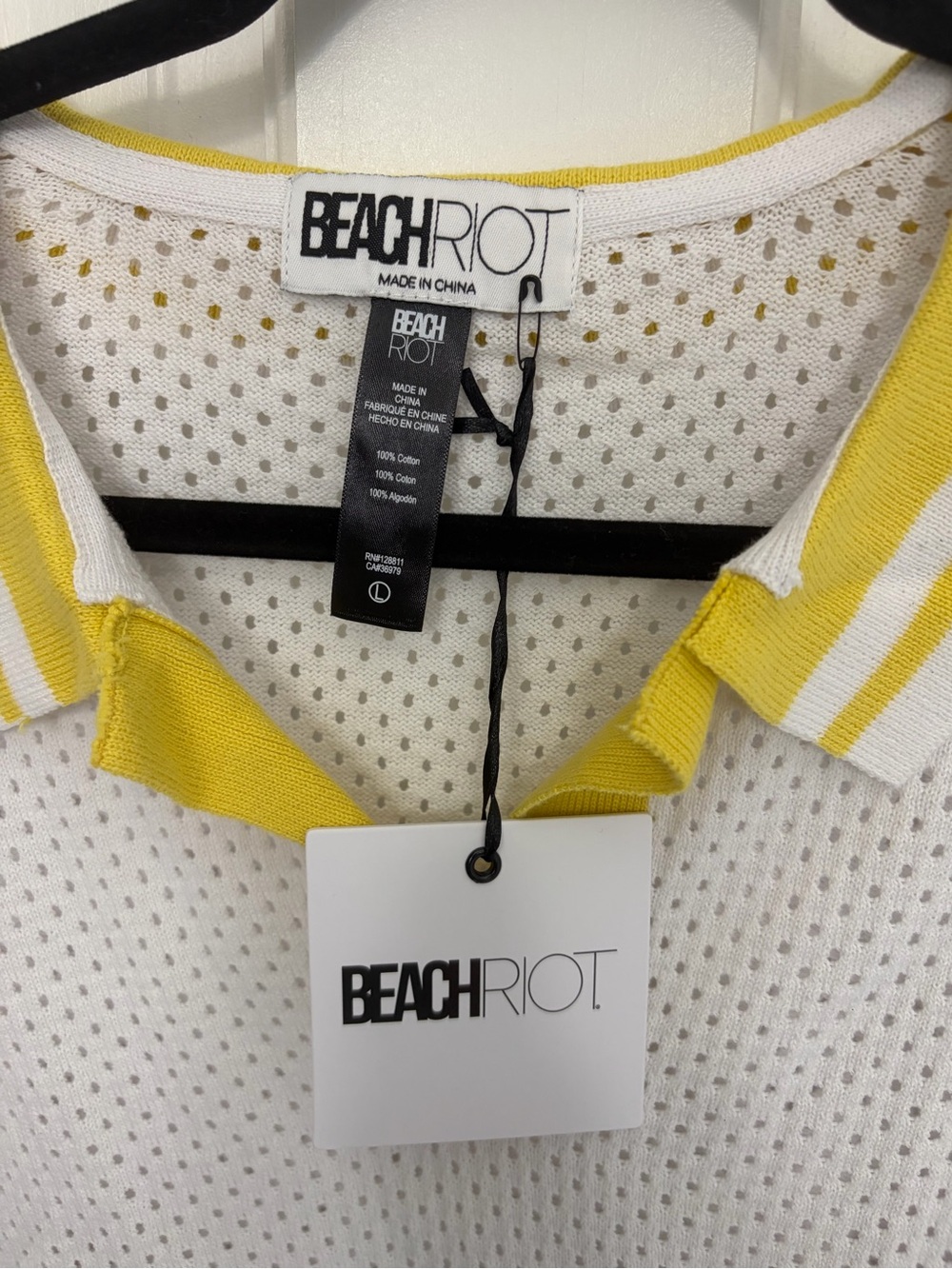 NWT Beach Riot Open Knit Polo Shirt White Yellow Trim Size L - Picture 4 of 5